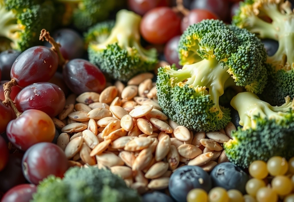 Primer plano de alimentos ricos en cromo como brócoli y uvas