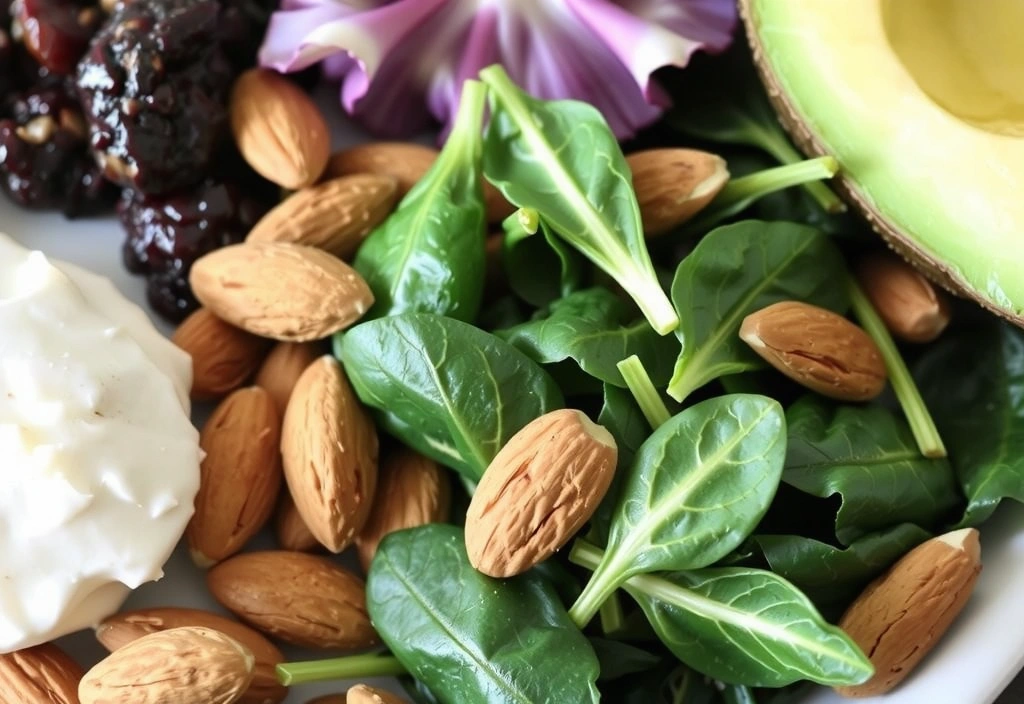 Primer plano de alimentos ricos en magnesio como espinacas y almendras