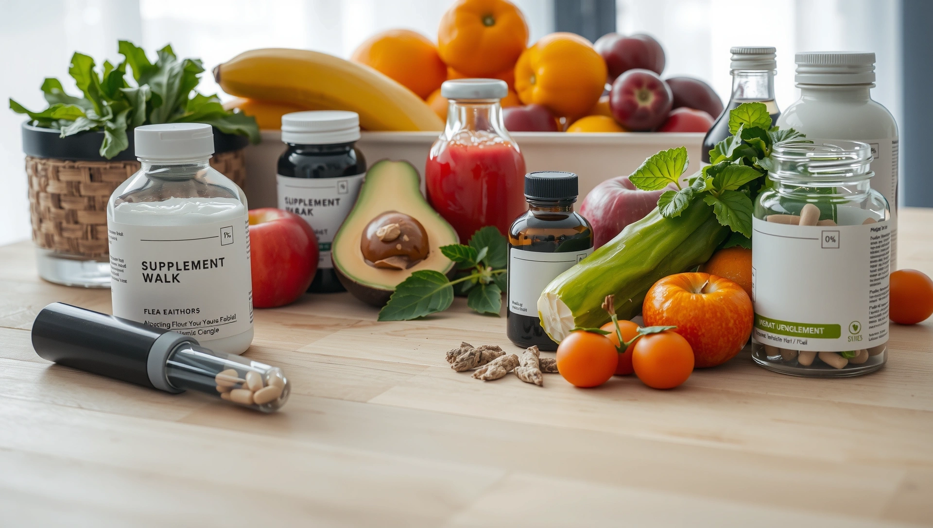 Varias botellas de suplementos naturales y ingredientes frescos como frutas, verduras y hierbas, dispuestos elegantemente sobre una superficie de madera clara con iluminación suave y un fondo desenfocado.