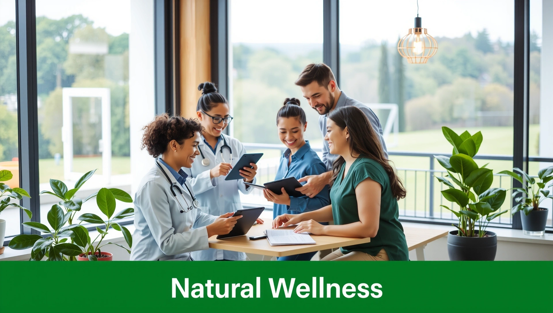 Equipo de Saludmalagalariosd colaborando en una oficina moderna y luminosa con elementos naturales