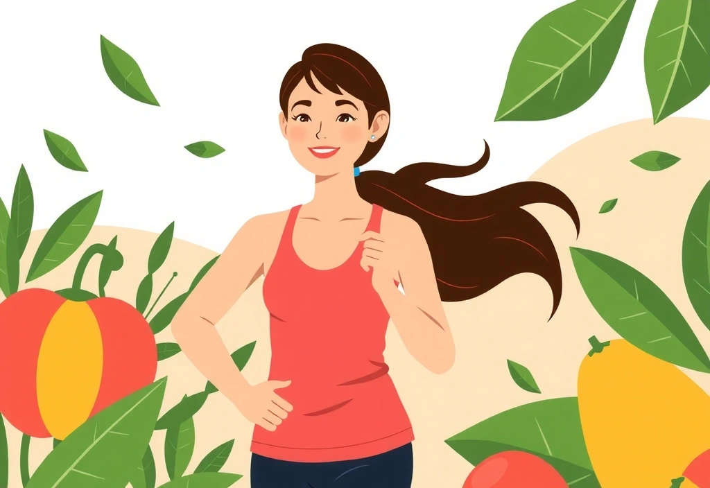 Ilustración de una persona con un estilo de vida saludable, rodeada de elementos naturales como hojas y frutas.